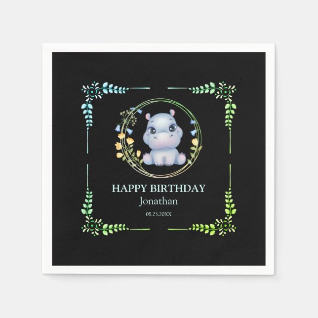 Serviette En Papier Cute Hippopotamus Fleur Wreath Anniversaire Noir (Devant)