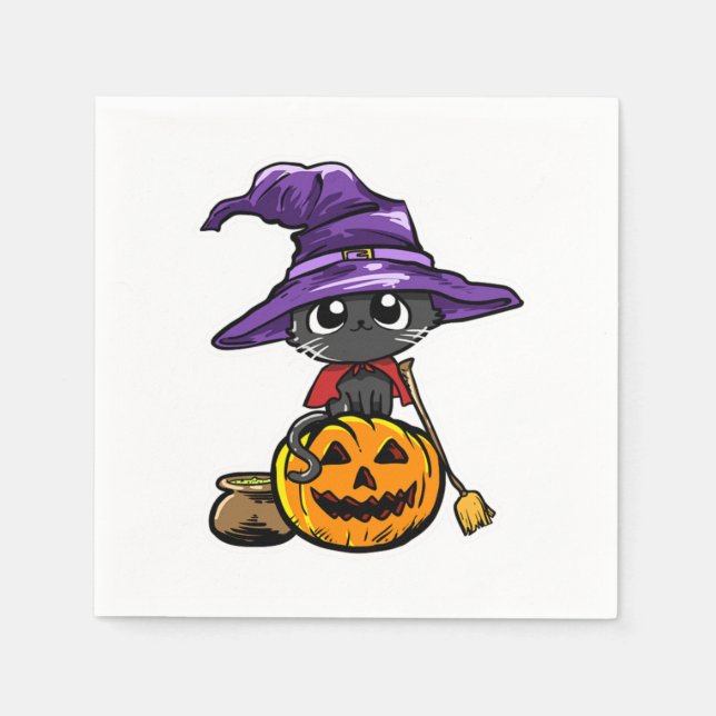 Serviette En Papier Cute Kawaii Chat sorcier Citrouille Halloween Amou (Devant)