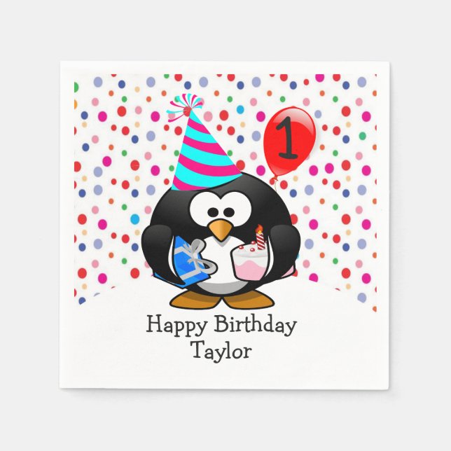 Serviette En Papier Cute Kid 1er Joyeux Pingouin d'anniversaire (Devant)
