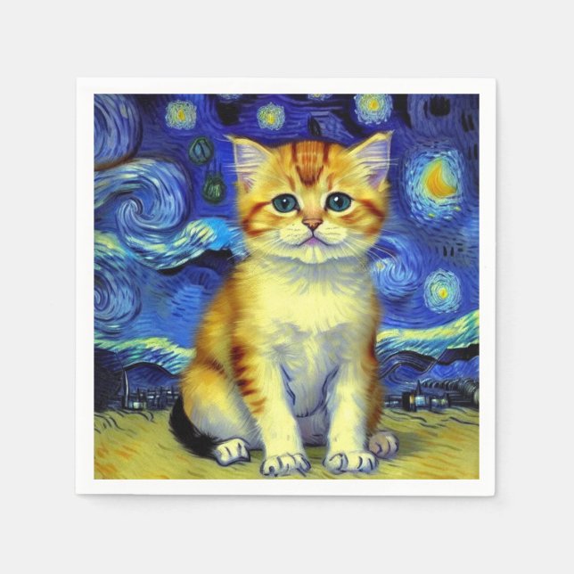 Serviette En Papier Cute Kitten Starry Night Van Gogh (Devant)