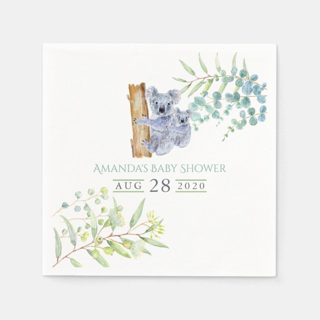 Serviette En Papier Cute Koala Porte Baby shower Feuille Eucalyptus (Devant)