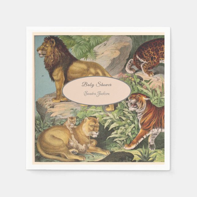 Serviette En Papier Cute Lion Chat jungle Dusty Blue Boyl Baby shower (Devant)