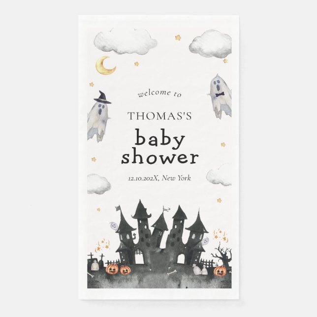 Serviette En Papier Cute Little Boo Ghost House Baby shower Bienvenue (Devant)