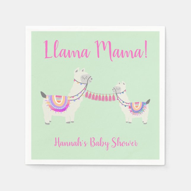 Serviette En Papier Cute Llama Mama Hot rose et Baby shower vert (Devant)