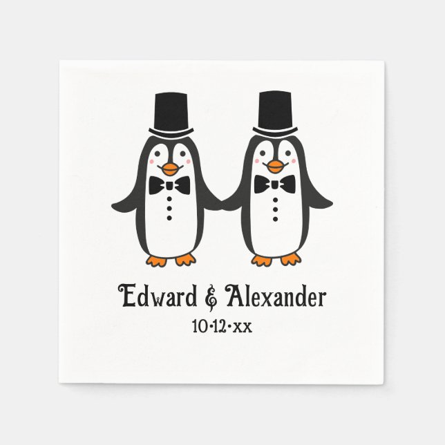 Serviette En Papier Cute Men Penguins Wedding Couple Names Date #3SmP  (Devant)