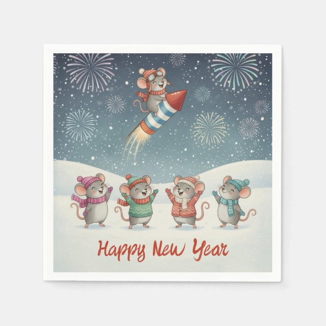 Serviette En Papier Cute Mice Happy New Year Fireworks (Devant)
