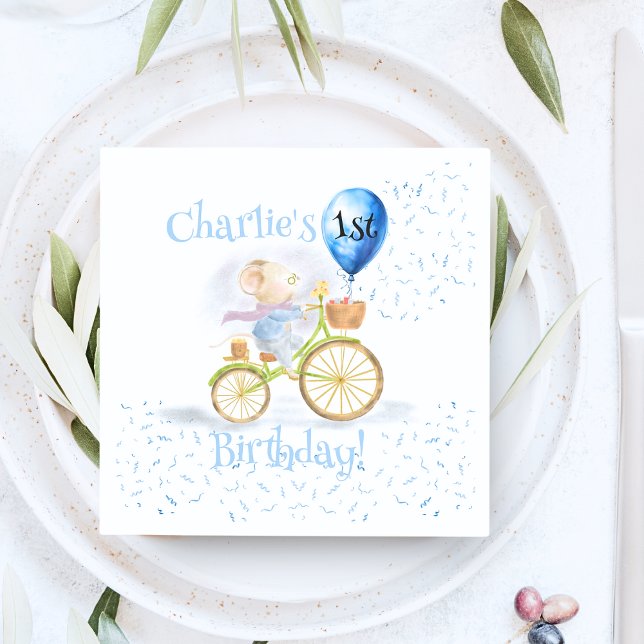 Serviette En Papier Cute Mouse Animal Bicyclette garçon 1er anniversai (Cute Mouse Animal Riding Vintage Bicycle & 1st Birthday Party Balloon, party napkins & serviettes)