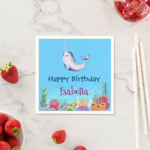 Serviette En Papier Cute Narwhal Fish Unicorn Baleine mer Anniversaire