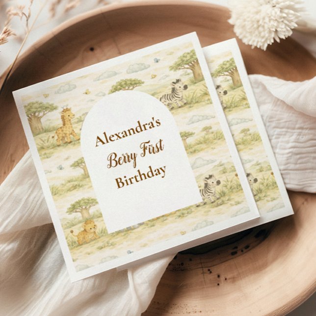 Serviette En Papier Cute Neutral Safari Animals First Birthday (Créateur téléchargé)