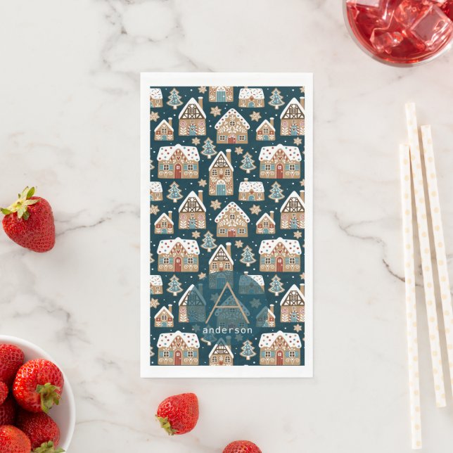 Serviette En Papier Cute pain d'épices Maisons et biscuits Noël bleu (En situation)