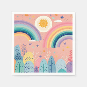 Serviette En Papier Cute Pastel Boho Rainbow & Sun Above Forest