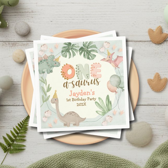 Serviette En Papier Cute Pastel Green Dinosaur One A Saurus Birthday  (Créateur téléchargé)