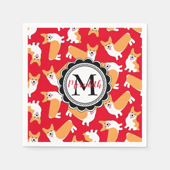 Serviette En Papier Cute Pembroke Welsh Corgi Monogramme Rouge (Devant)