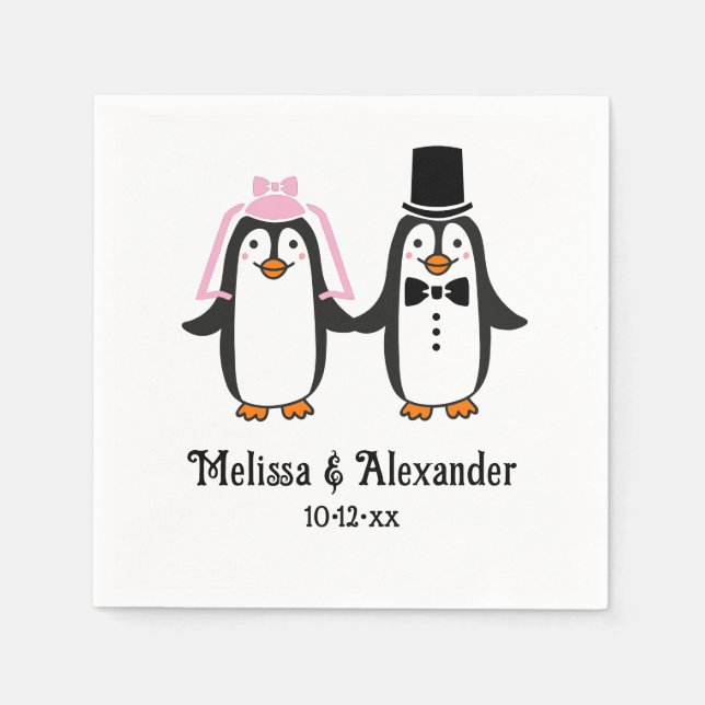 Serviette En Papier Cute Penguins Wedding Couple Names Date #3SmP  (Devant)