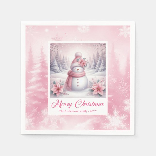 Serviette En Papier Cute Pink Snowman Christmas Napkin Winter Scene (Devant)