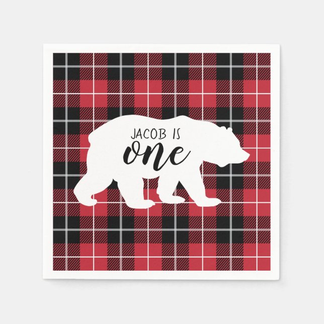 Serviette En Papier Cute Plaid Flannel Motif Ours 1er anniversaire fêt (Devant)