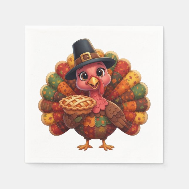 Serviette En Papier Cute Quilted Patchwork Turkey | Pilgrim Hat Pie  (Devant)