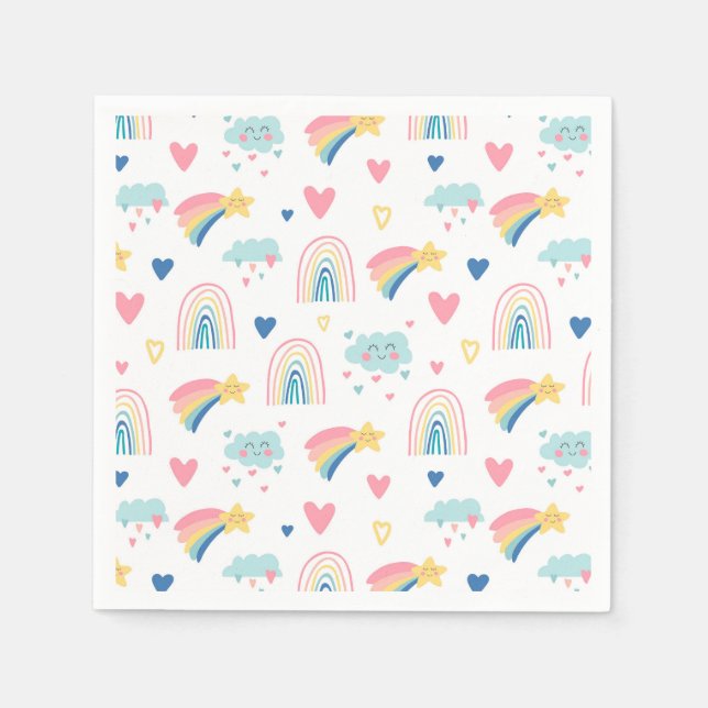 Serviette En Papier Cute Rainbow Hearts & Clouds Motif (Devant)
