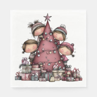 SERVIETTE EN PAPIER CUTE RED AND PINK HOLIDAY CHRISTMAS TREES