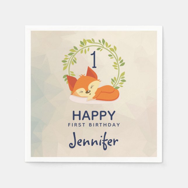 Serviette En Papier Cute Renard Orange avec Verte Feuille Wreath Anniv (Devant)