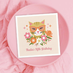 Serviette En Papier Cute Retro Chat et Florals Filles Anniversaire