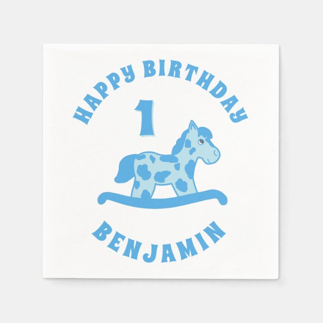 Serviette En Papier Cute Rocse Horse Bleu Garçon 1er fête d'anniversai (Devant)