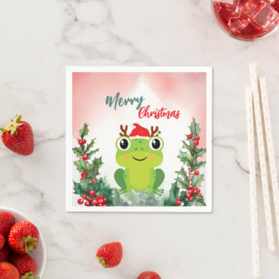 Serviette En Papier Cute Rouge Joyeux grenouille de Noël Père Noël fêt
