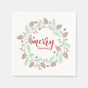 Serviette En Papier Cute rouge & vert Holly et Pin Christmas Wreath