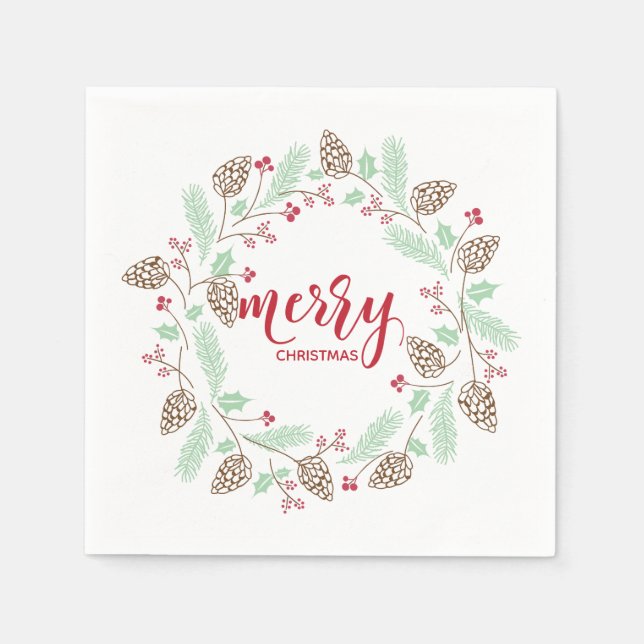 Serviette En Papier Cute rouge & vert Holly et Pin Christmas Wreath (Devant)