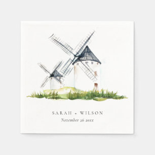 Serviette En Papier Cute Rustic Watercolor Windmill Mariage de thème d