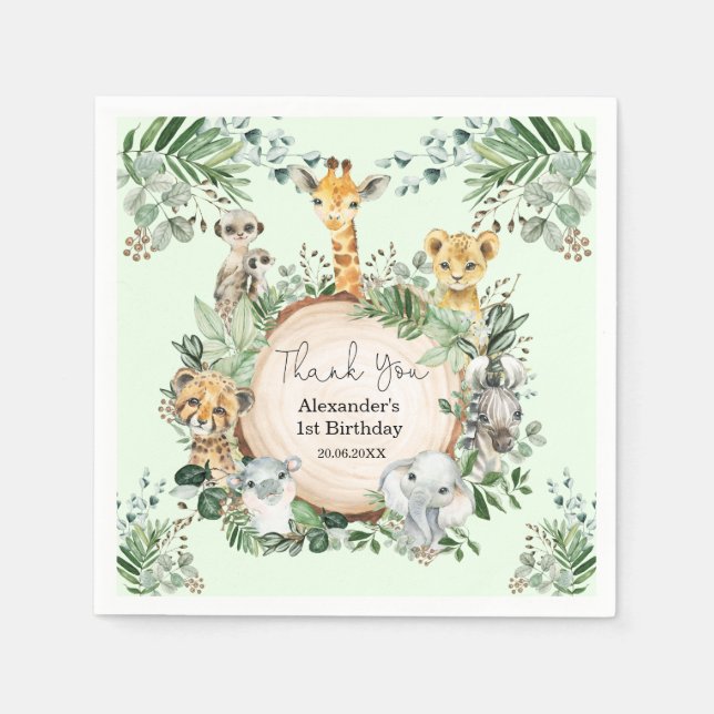 Serviette En Papier Cute Safari Animaux sauvages Végétation Anniversai (Devant)