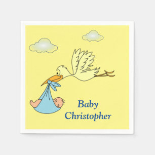 Serviette En Papier Cute Stork Baby Boy Douche Nom Bleu Jaune