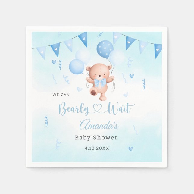 Serviette En Papier Cute Teady Bear Aquarelle Boho Blue Balloons (Devant)