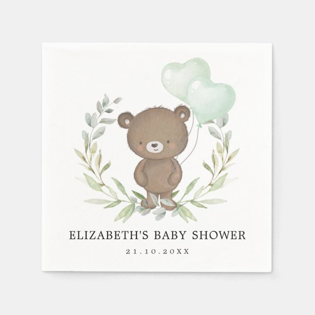 Serviette En Papier Cute Teddy Ours Vert Ballons Baby shower de lit (Devant)