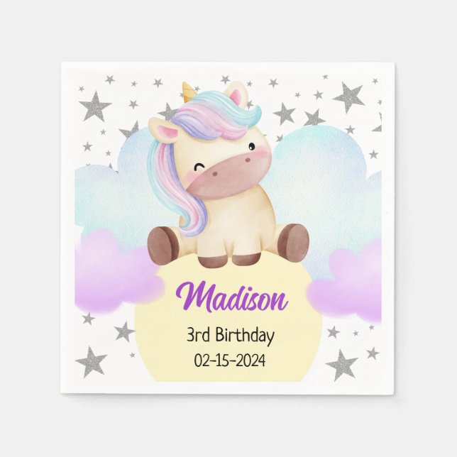Serviette En Papier Cute Unicorn et Silver Stars Anniversaire (Devant)