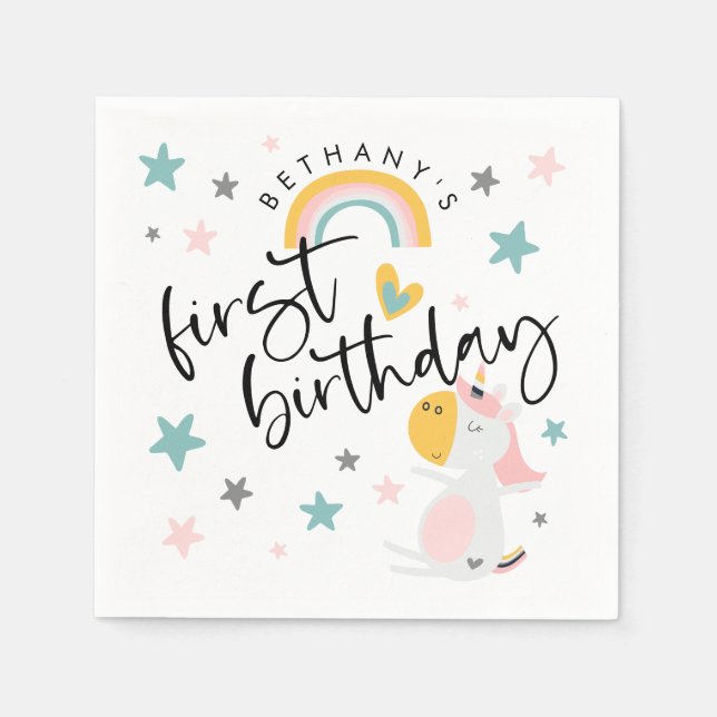 Serviette En Papier Cute Unicorn fille 1er anniversaire (Devant)