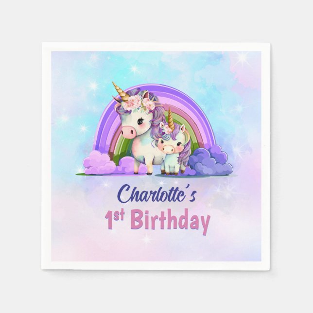 Serviette En Papier Cute Unicornes 1er anniversaire (Devant)