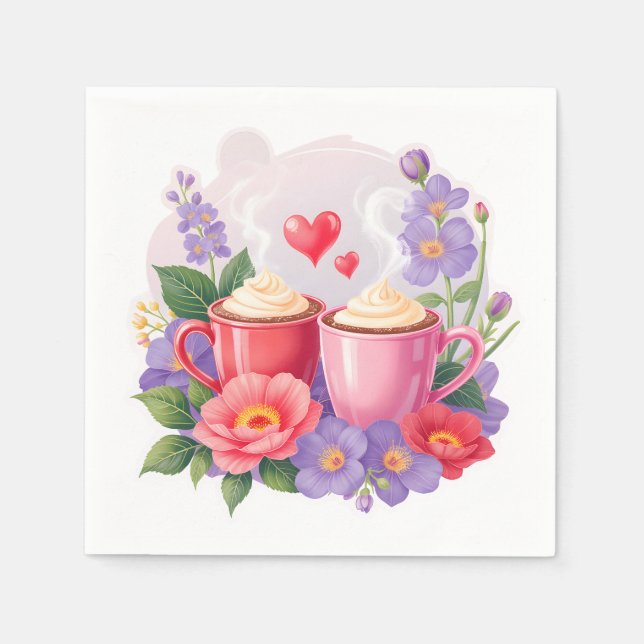 Serviette En Papier Cute Valentine Cocoa Mugs with Flowers & Hearts (Devant)