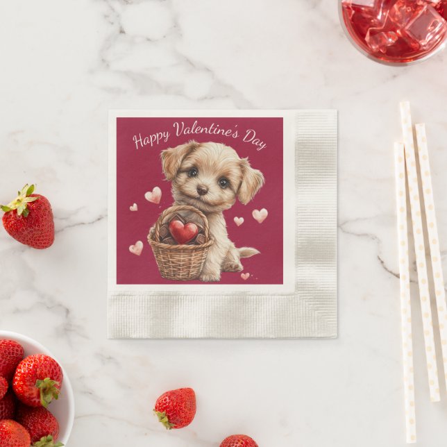 Serviette En Papier Cute Valentine's Day Chiot Coeurs rouges (En situation)
