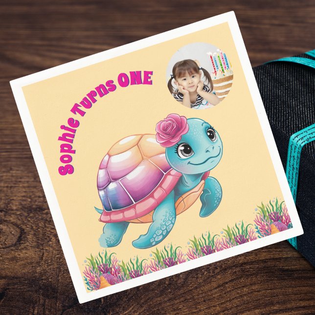 Serviette En Papier Cute Whimsical Floral Tortue photo Anniversaire (Créateur téléchargé)