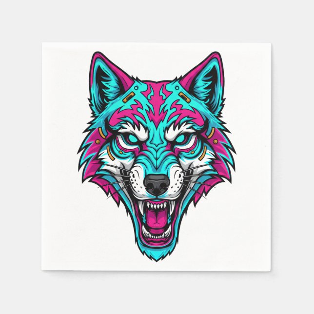 Serviette En Papier Cyberpunk Neon Wolf - Synthwave Robotic Animal (Devant)