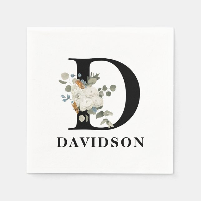 Serviette En Papier D de monogramme noir floral blanc (Devant)