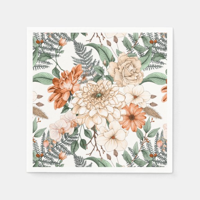 Serviette En Papier Dahlias fougères marguerites verdure pêche blanc r (Devant)