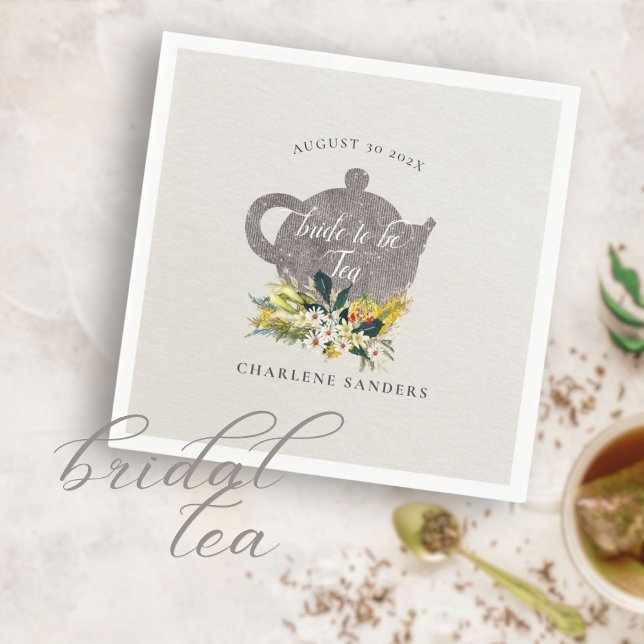 Serviette En Papier Daisées d'été Floral Floral Bridal Tea (Elegant taupe and sunny yellow  has simple daisy bouquet and teapot design.)
