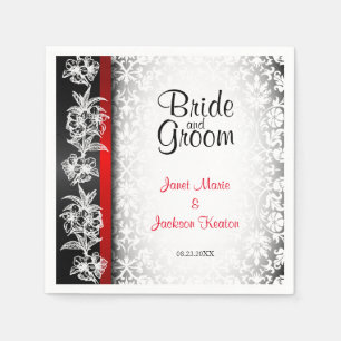 Serviette En Papier Damas Mariage moderne en blanc, noir et rouge