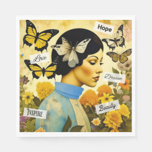 Serviette En Papier Dame vintage, papillons, fleurs et inspirant