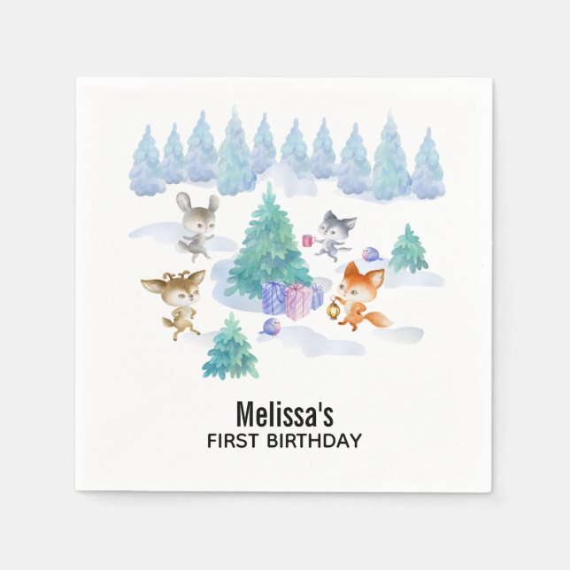 Serviette En Papier Danse Animaux de bois Aquarelle Anniversaire (Devant)