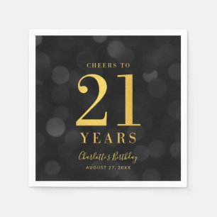 Serviette En Papier Dark Bokeh Faux Gold Cheers à 21 ans Anniversaire