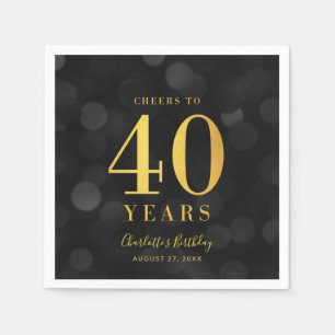 Serviette En Papier Dark Bokeh Faux Gold Cheers à 40 ans Anniversaire