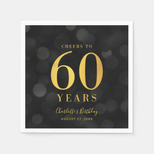 Serviette En Papier Dark Bokeh Faux Gold Cheers à 60 ans Anniversaire